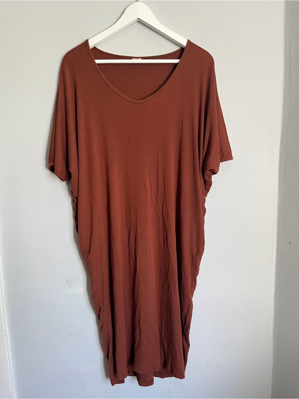 🌸Rust Brown Short Sleeve Ribbed Midi Dress
